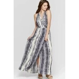 Knox Rose Small Blue Tie Dye Gauzy V Neck Faux Wrap Maxi Dress High Slit Cottage